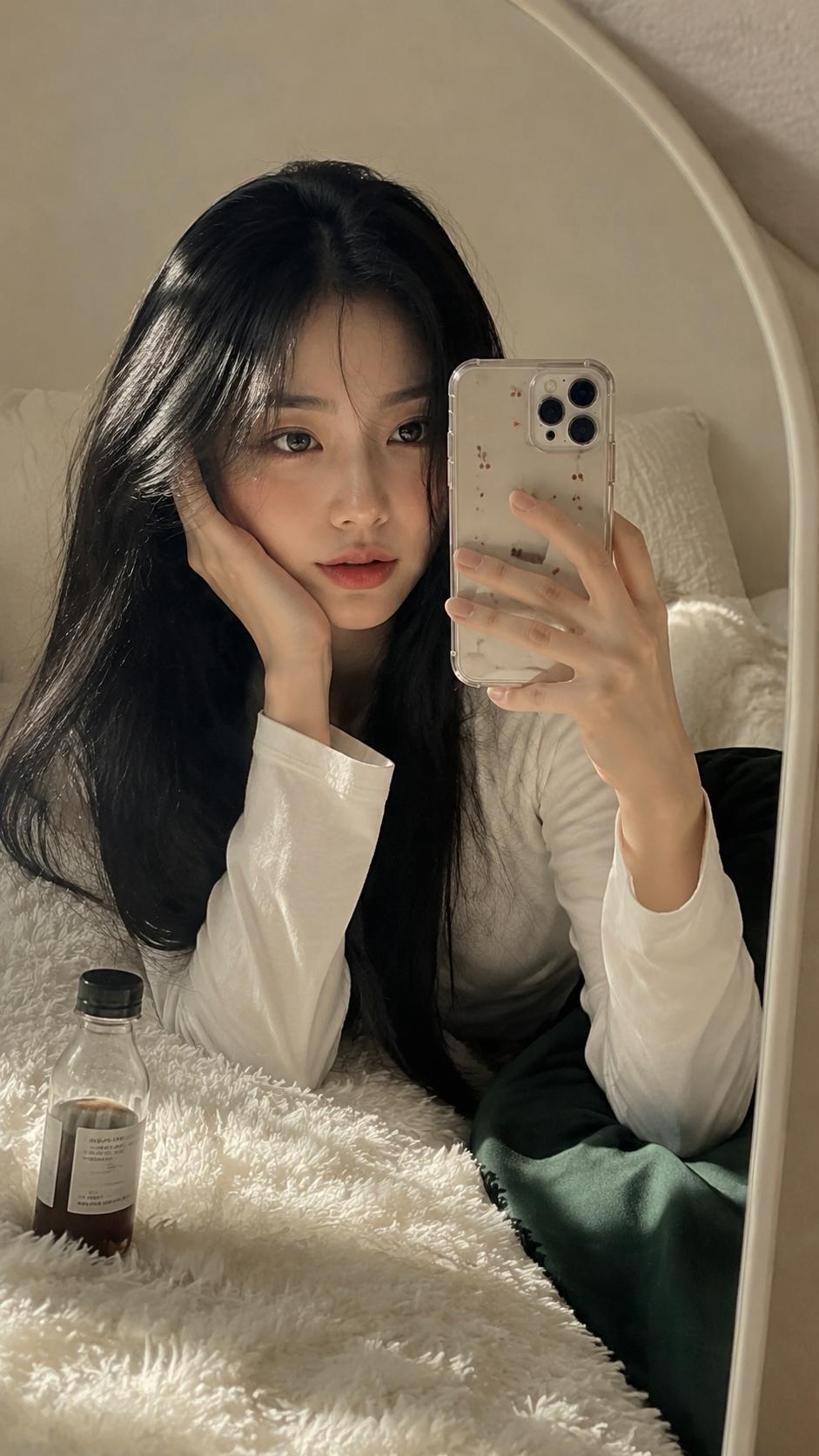 Introspective Asian Woman Mirror Selfie