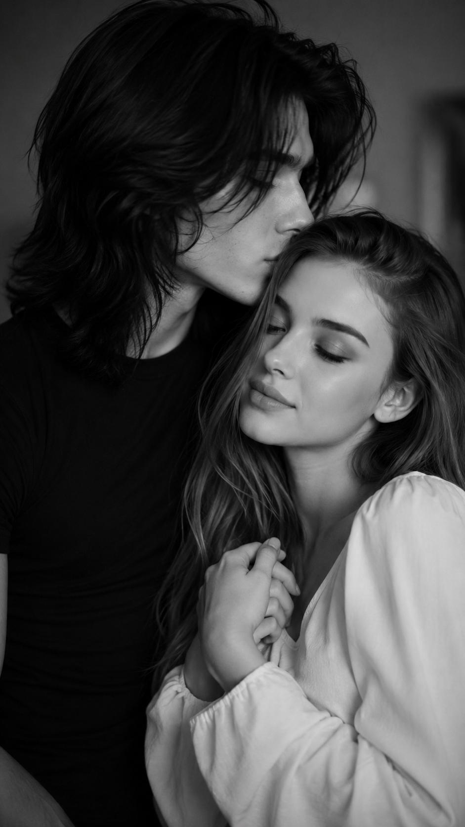 Realistic B&W Couple Forehead Kiss Portrait